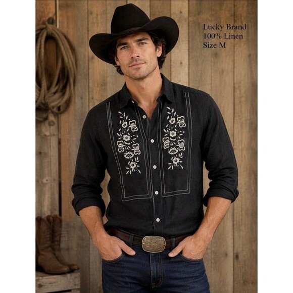 Lucky Brand Other - LUCKY BRAND Men's Dungarees Linen L/S Shirt Button Front Embroidered Black XL